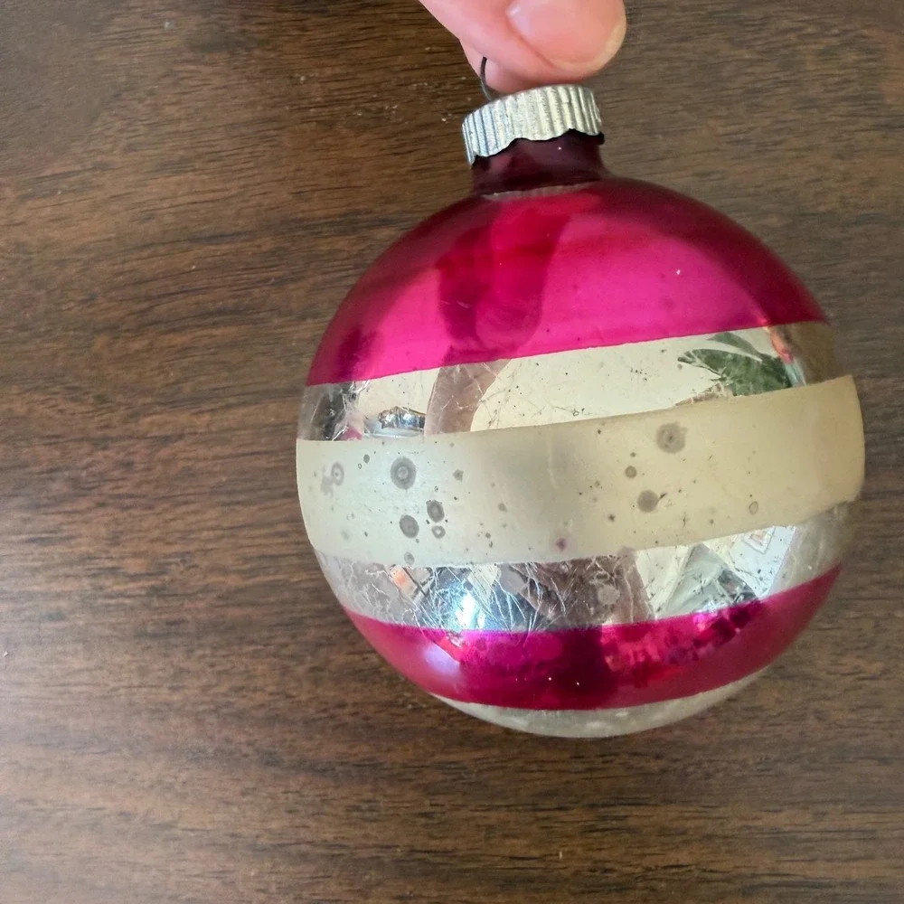 Vintage Shiny Brite Pink Silver Striped Glass Ball Christmas Ornament USA MCM